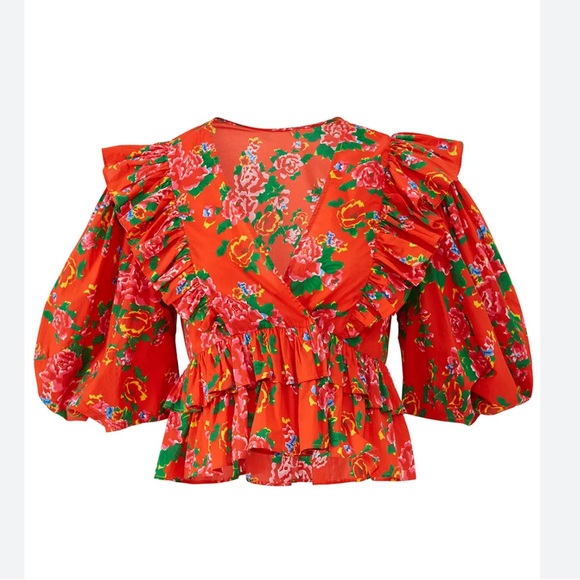 RHODE Elodie Ruffled Puff Sleeve Red Floral Crop Top Women Size Small Ruffle - Picture 2 of 5